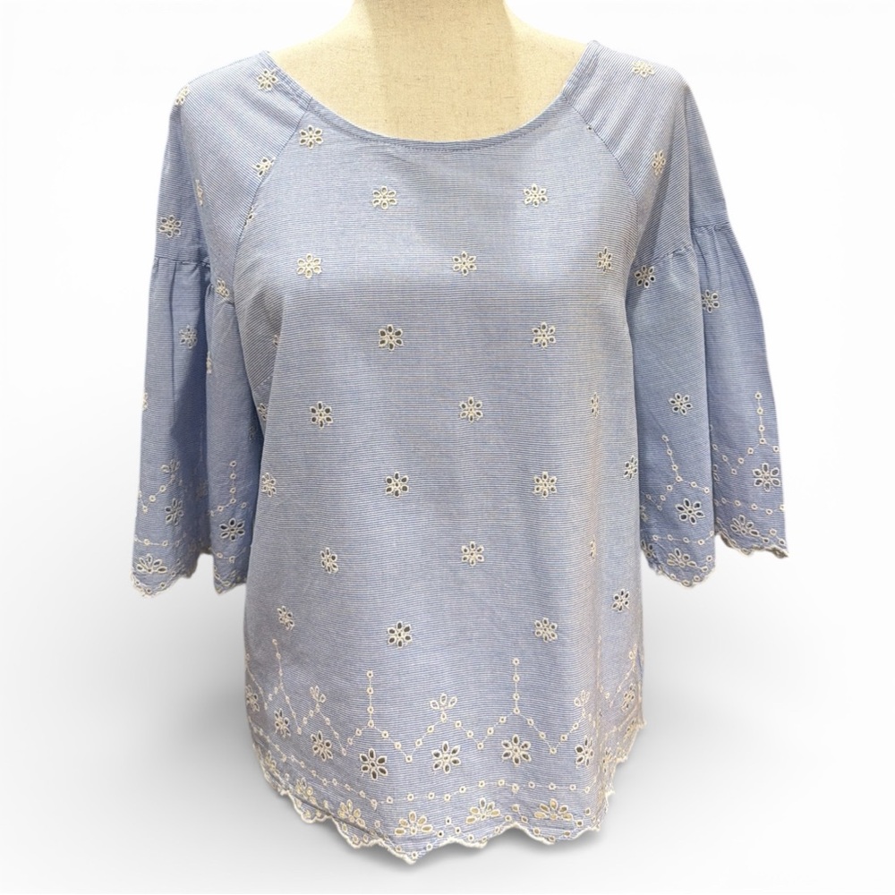 SANCTUARY Blue and White Eyelet Peasant Blouse Size S
